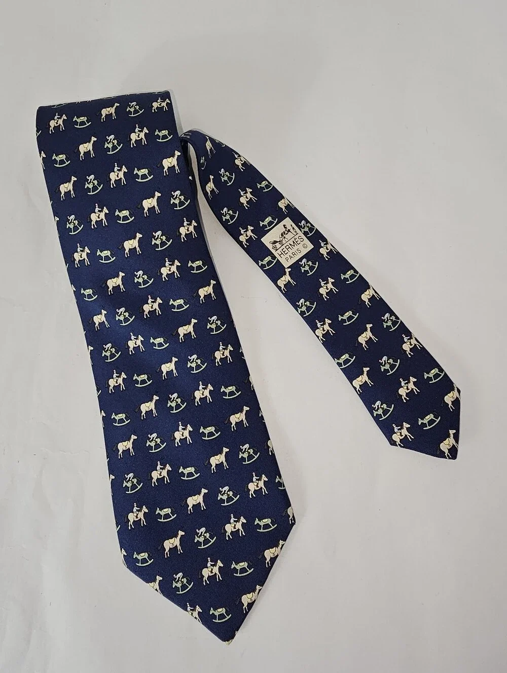 Authentic Hermès Paris Navy Silk Equestrian Horse / Rocking Horse Print Tie Luxe